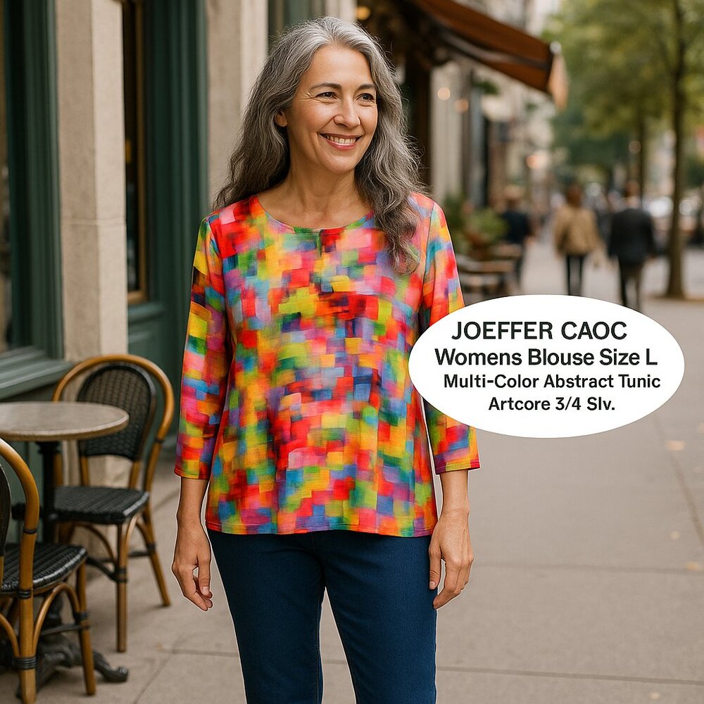 JOEFFER CAOC Womens Blouse Size L Multi-Color Abstract Tunic 3/4 Slv #HB